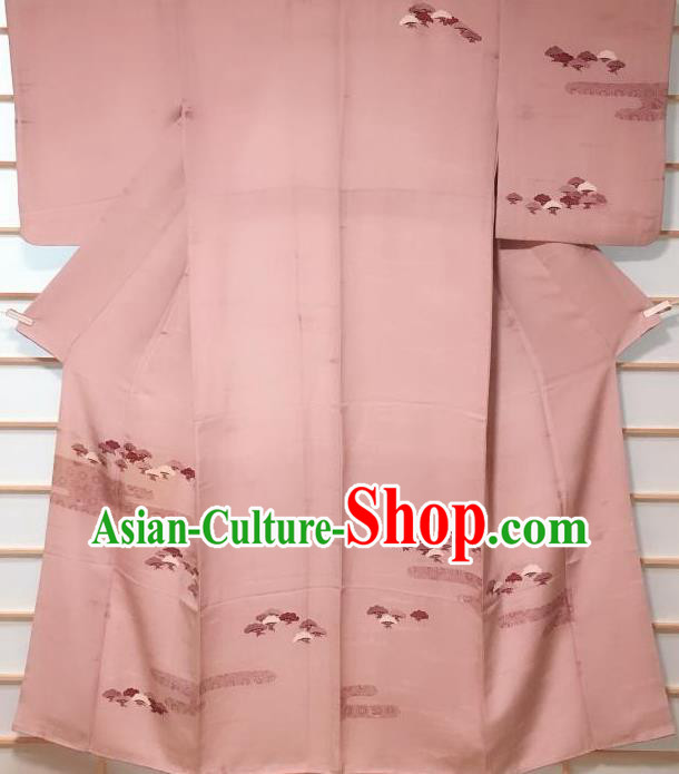 Traditional Japanese Printing Pink Tsukesage Kimono Japan Classical Pine Pattern Yukata Dress Costume for Women