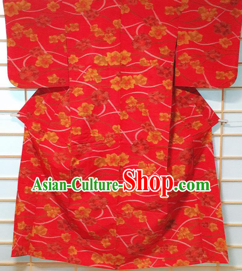 Traditional Japanese Printing Red Kimono Japan Classical Flowers Pattern Yukata Dress Costume for Women
