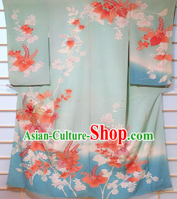 Traditional Japanese Embroidered Blue Tsukesage Kimono Japan Classical Pattern Yukata Dress Costume for Women