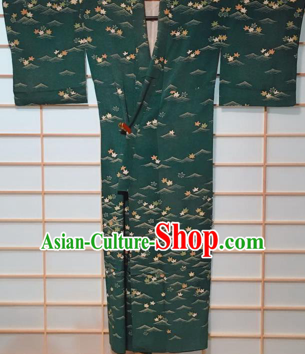 Traditional Japanese Deep Green Tsukesage Kimono Japan Classical Maple Leaf Pattern Yukata Dress Costume for Women
