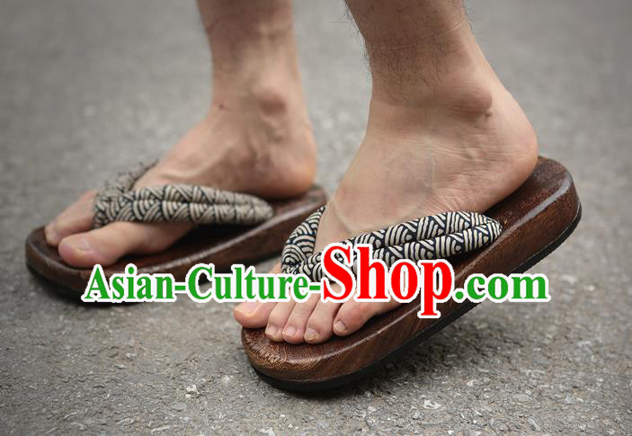 Traditional Japanese Wave Pattern Black Geta Slippers Asian Japan Clogs Shoes for Men