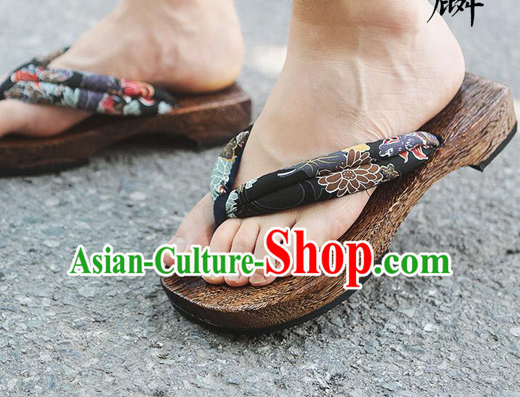 Japanese Traditional Chrysanthemum Pattern Black Flip Flops Slippers Clogs Asian Japan Geta Shoes for Men