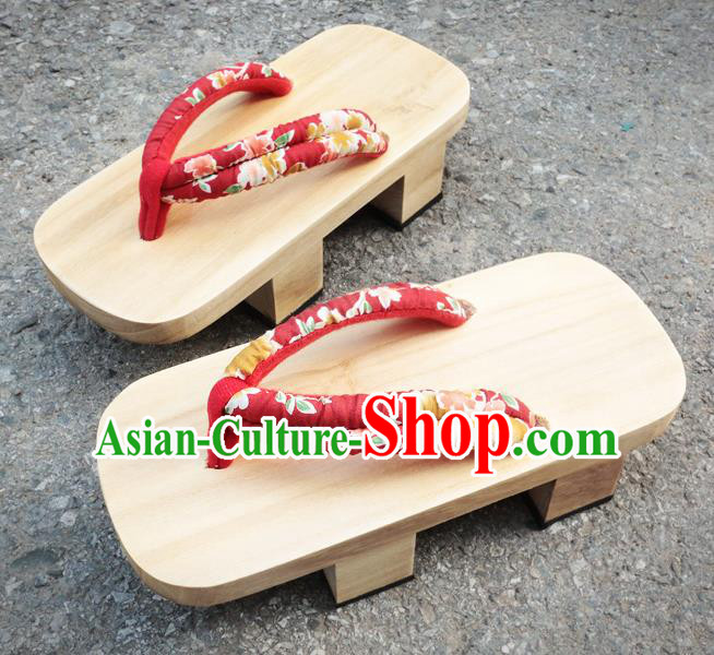 Traditional Japanese Classical Cherry Pattern Red Bidentate Clogs Flip Flops Slippers Asian Japan Geta Shoes for Women