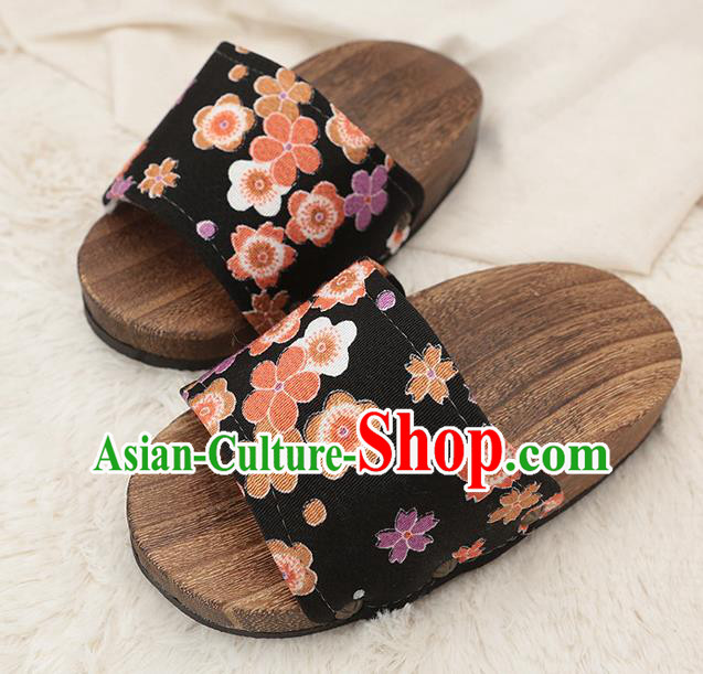 Japanese Traditional Plum Blossom Pattern Black Clogs Wood Slippers Asian Japan Geta Shoes for Women