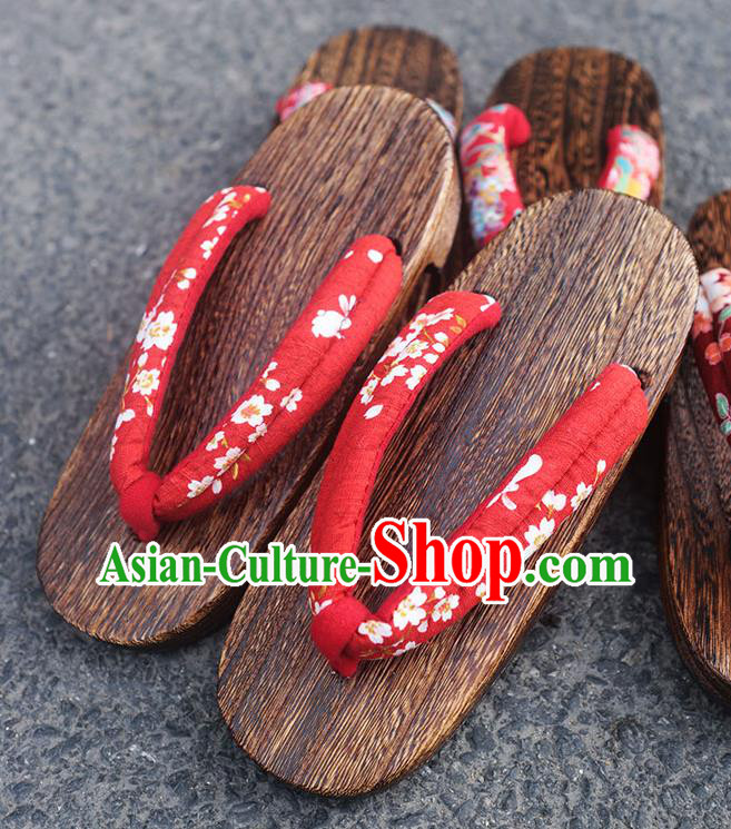 Traditional Japanese Classical Sakura Pattern Red Flip Flops Slippers Geta Asian Japan Clogs Shoes for Women