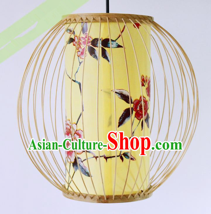 Traditional Chinese Bamboo Art Printing Peony Yellow Hanging Lanterns Handmade Lantern Scaldfish Lamp
