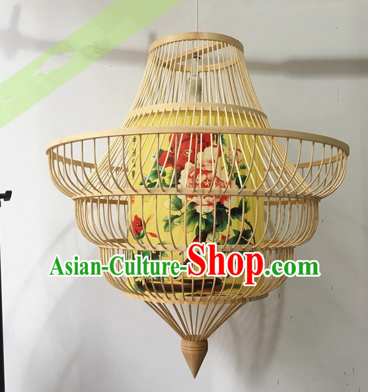 Traditional Chinese Hand Painting Peony Hanging Lanterns Palace Lantern Bamboo Art Scaldfish Lamp