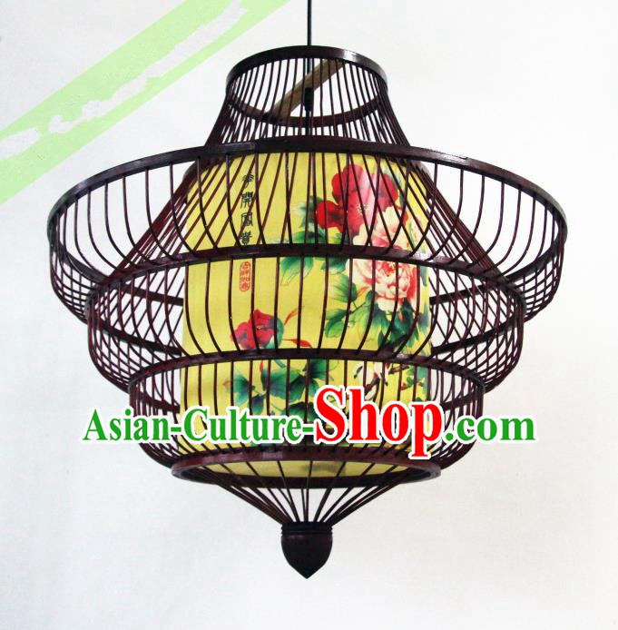 Traditional Chinese Hand Painting Peony Brown Hanging Lanterns Palace Lantern Bamboo Art Scaldfish Lamp