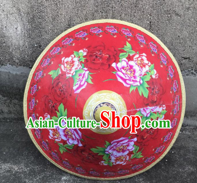 Handmade Chinese Printing Peony Red Straw Hat Traditional Bamboo Hat Craft