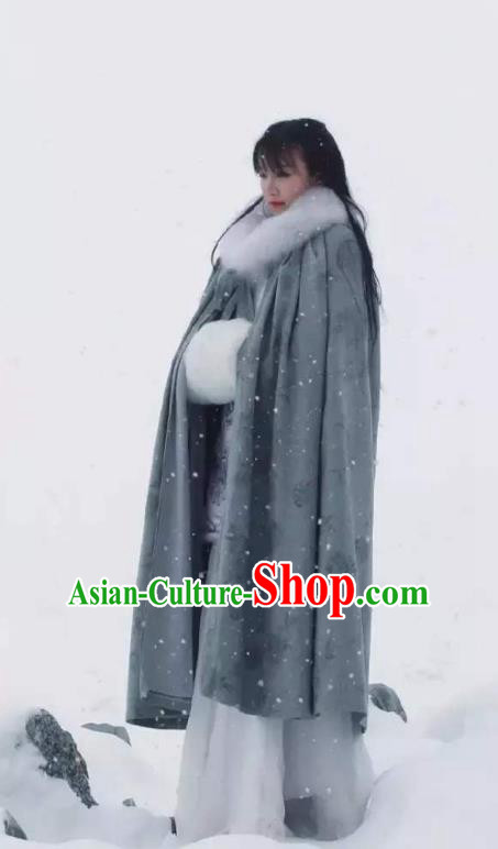 Traditional Chinese Tang Suit Grey Cloak Li Ziqi Overcoat Cape Costume for Women
