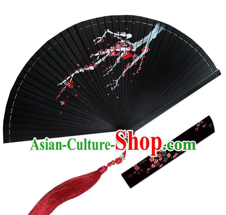 Chinese Traditional Black Folding Fans Hand Painting Plum Wood Accordion Fan