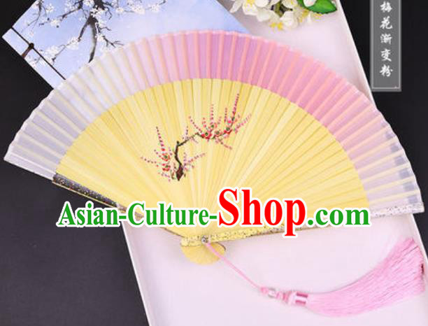 Chinese Traditional Painting Plum Pink Folding Fans Hand Bamboo Accordion Fan