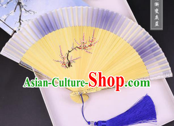 Chinese Traditional Painting Plum Blue Folding Fans Hand Bamboo Accordion Fan
