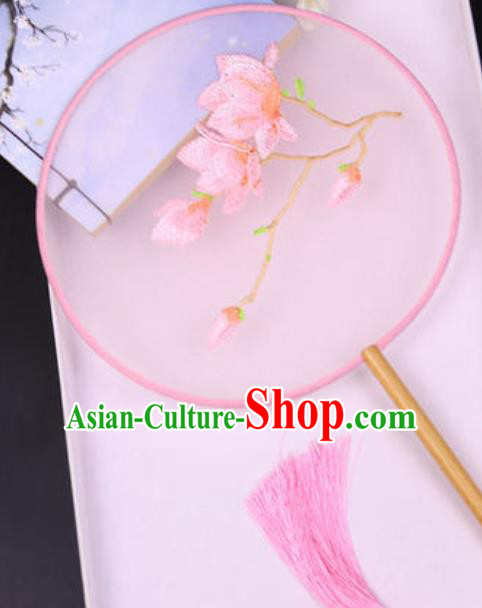 Chinese Traditional Embroidered Mangnolia Pink Palace Fans Handmade Silk Round Fan for Women