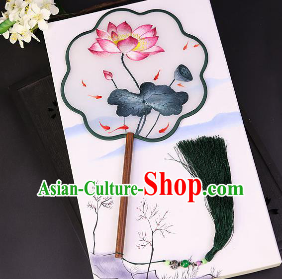 Chinese Traditional Su Embroidered Lotus Palace Fans Handmade Rosewood Silk Fan for Women