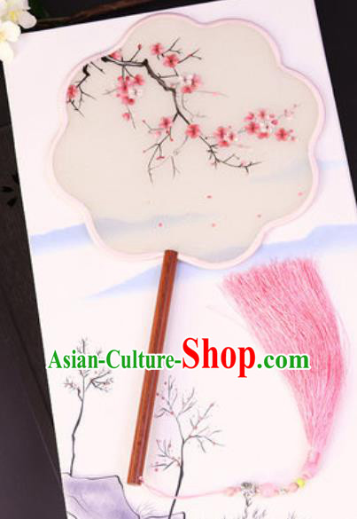 Chinese Traditional Su Embroidered Plum Flowers Palace Fans Handmade Rosewood Silk Fan for Women
