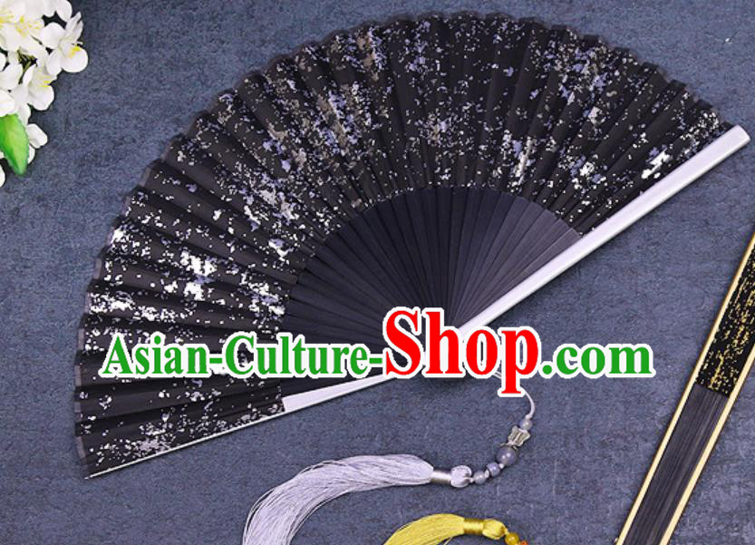 Chinese Traditional Classical Dance Black Silk Folding Fans Handmade Accordion Bamboo Fan
