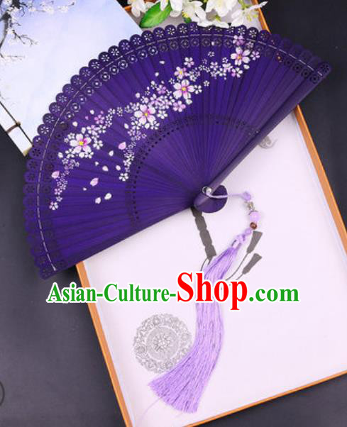 Chinese Traditional Painting Sakura Purple Bamboo Folding Fans Handmade Accordion Classical Dance Fan