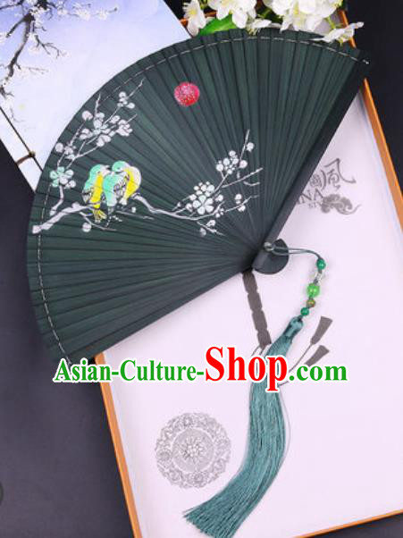 Chinese Traditional Painting Plum Green Bamboo Folding Fans Handmade Accordion Classical Dance Fan