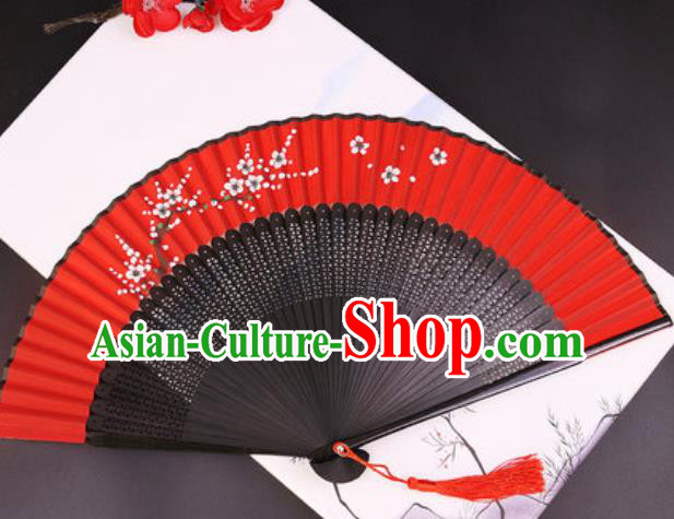 Chinese Traditional Painting White Plum Blossom Red Silk Folding Fans Handmade Accordion Classical Dance Bamboo Fan
