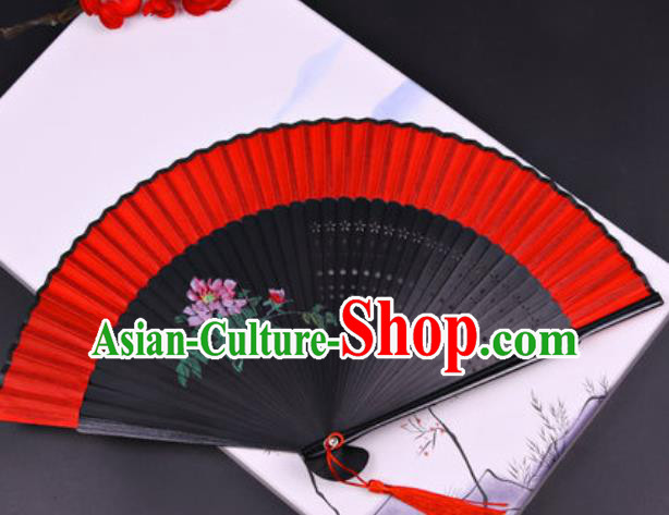 Chinese Traditional Painting Peony Red Silk Folding Fans Handmade Accordion Classical Dance Bamboo Fan