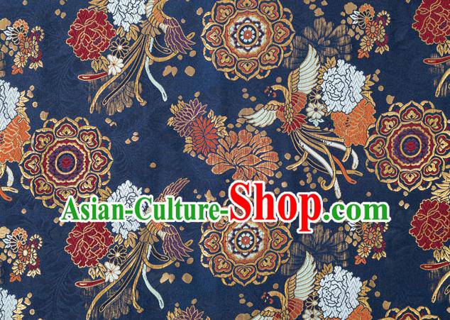Asian Japanese Traditional Phoenix Peony Pattern Design Navy Brocade Fabric Kimono Tapestry Satin