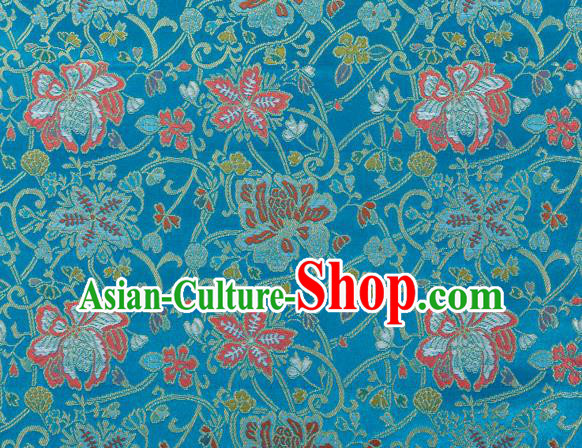 Chinese Classical Twine Lotus Pattern Design Lake Blue Brocade Fabric Asian Traditional Hanfu Satin Material