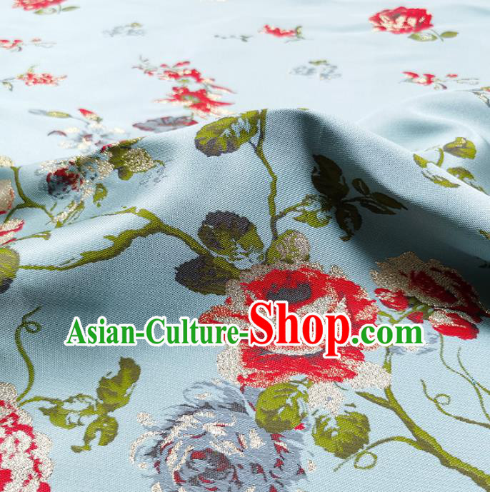 Chinese Classical Roses Pattern Design Blue Brocade Fabric Asian Traditional Hanfu Satin Material