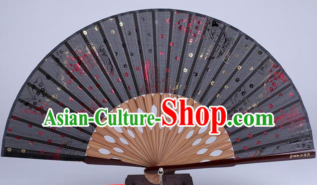 Traditional Chinese Handmade Printing Butterfly Black Silk Folding Fan China Accordion Fan Oriental Fan