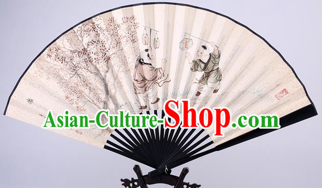 Traditional Chinese Handmade Printing Boys Paper Folding Fan China Wenge Accordion Fan Oriental Fan