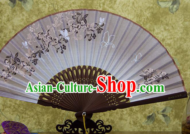 Traditional Chinese Printing Vine Flowers Brown Flax Fan China Bamboo Accordion Folding Fan Oriental Fan