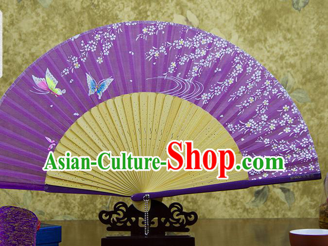 Traditional Chinese Printing Butterfly Purple Silk Fan China Bamboo Accordion Folding Fan Oriental Fan
