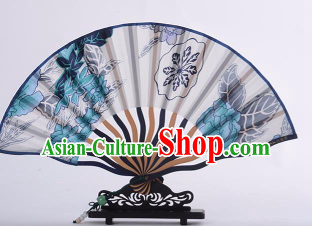 Traditional Chinese Printing Blue Peony Silk Fan China Bamboo Accordion Folding Fan Oriental Fan