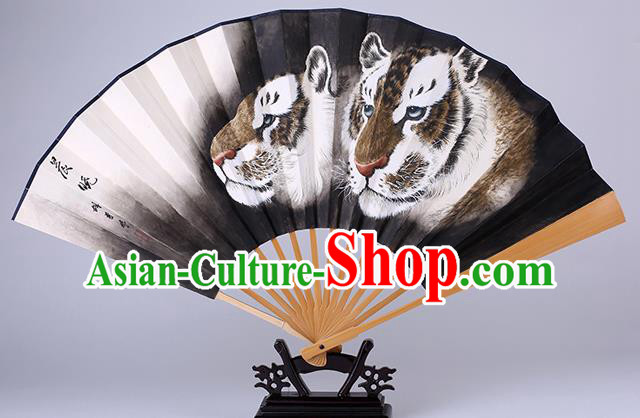 Traditional Chinese Hand Painting Tiger Black Paper Fan China Bamboo Accordion Folding Fan Oriental Fan