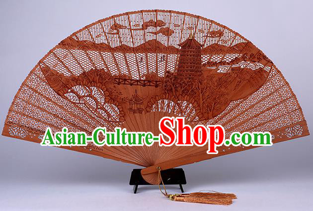 Traditional Chinese Handmade Carving Pagoda Sandalwood Folding Fan China Accordion Fan Oriental Fan