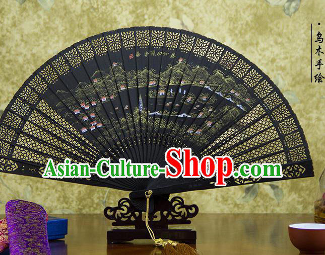 Traditional Chinese Hand Painting West Lake Landscape Ebony Fan China Accordion Folding Fan Oriental Fan