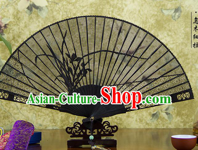 Traditional Chinese Hand Painting Orchid Ebony Fan China Accordion Folding Fan Oriental Fan