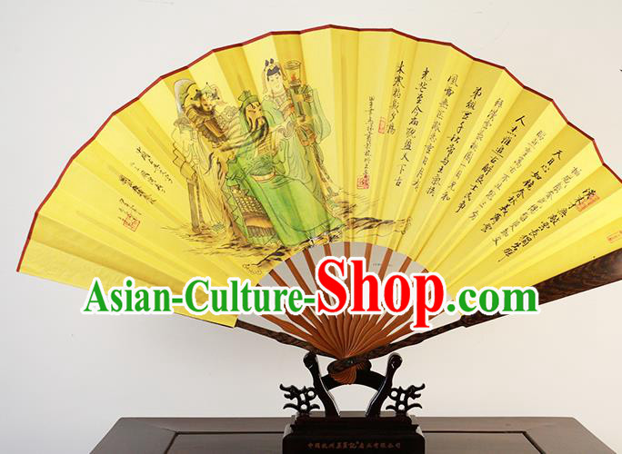 Traditional Chinese Hand Painting Guan Yu Yellow Silk Fan China Accordion Folding Fan Oriental Fan