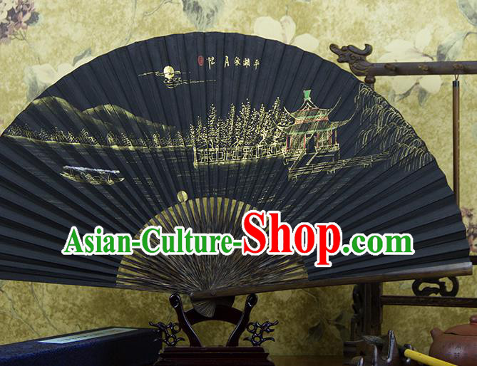 Traditional Chinese Hand Painting Moon View Mulberry Paper Fan China Accordion Folding Fan Oriental Fan