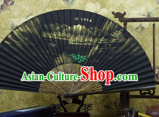 Traditional Chinese Hand Painting Lotus Pond Mulberry Paper Fan China Accordion Folding Fan Oriental Fan