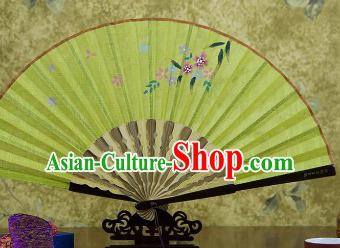 Traditional Chinese Printing Flowers Yellow Flax Fan China Bamboo Accordion Folding Fan Oriental Fan