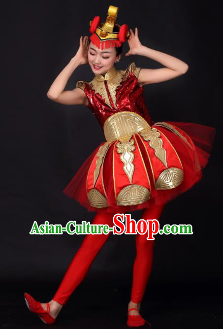 Chinese Traditional Opening Dance Red Short Dress China Modern Dance Stage Performance Costume for Women