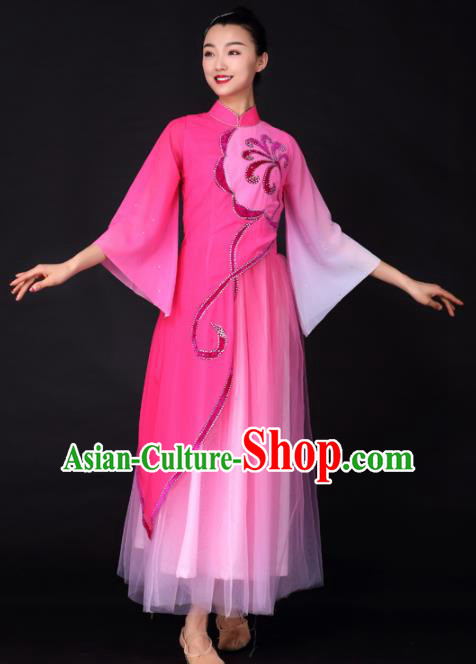 Chinese Traditional Classical Dance Rosy Veil Dress Umbrella Dance Stage Performance Costume for Women