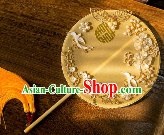 Chinese Traditional Hanfu Wedding Yellow Palace Fans Classical Round Fan for Women