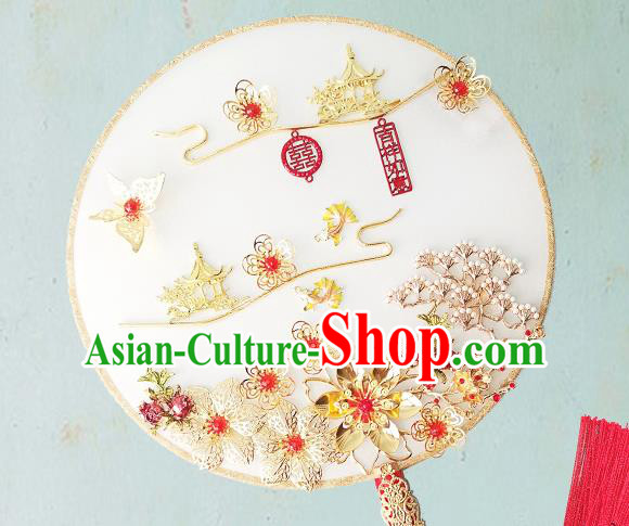 Chinese Traditional Hanfu White Palace Fans Classical Wedding Round Fan for Women
