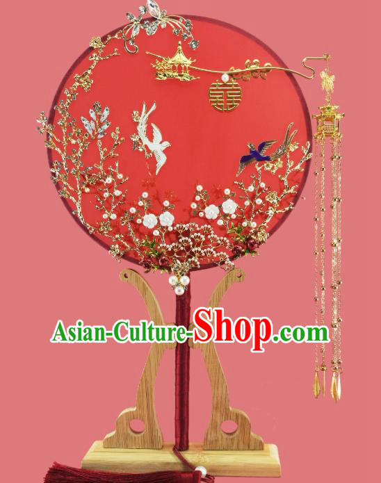 Chinese Traditional Hanfu Plum Red Palace Fans Classical Wedding Pomegranate Round Fan for Women