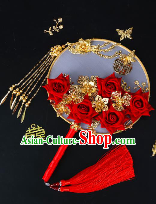 Chinese Traditional Handmade Hanfu Red Rose Palace Fans Classical Wedding Silk Round Fan for Women