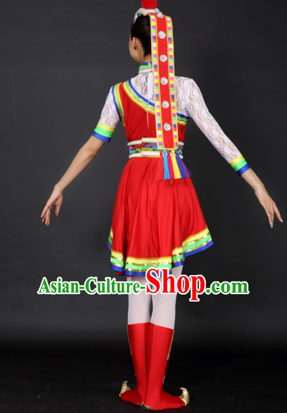 Chinese Tibetan Dance Red Short Dress Traditional Zang Nationality Stage Performance Costume for Women