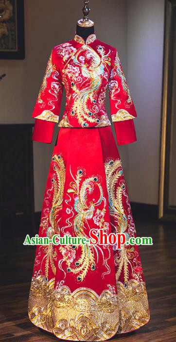 Chinese Traditional Bride Embroidered Phoenix Peony Xiuhe Suits Red Wedding Dress Ancient Costume for Women