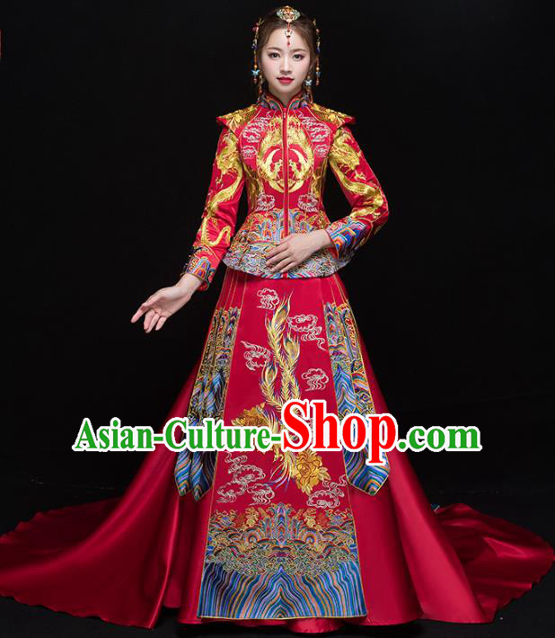 Chinese Traditional Wedding Embroidered Trailing Xiuhe Suits Red Bride Dress Ancient Costume for Women